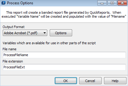 Process Options dialog with a dropdown for the output type and input boxes for the filename and file extension variable names.